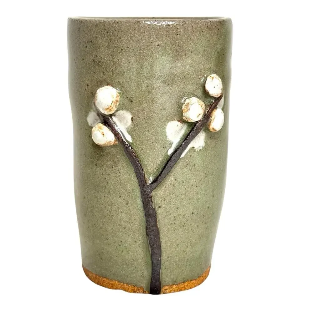 Studio Art Pottery Stoneware Tumbler Mug Vase Branch Botanical Rustic Signed